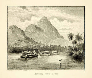 1887 Wood Engraving River Madai Boat India Jungle Landscape Art Voyage XGXC6