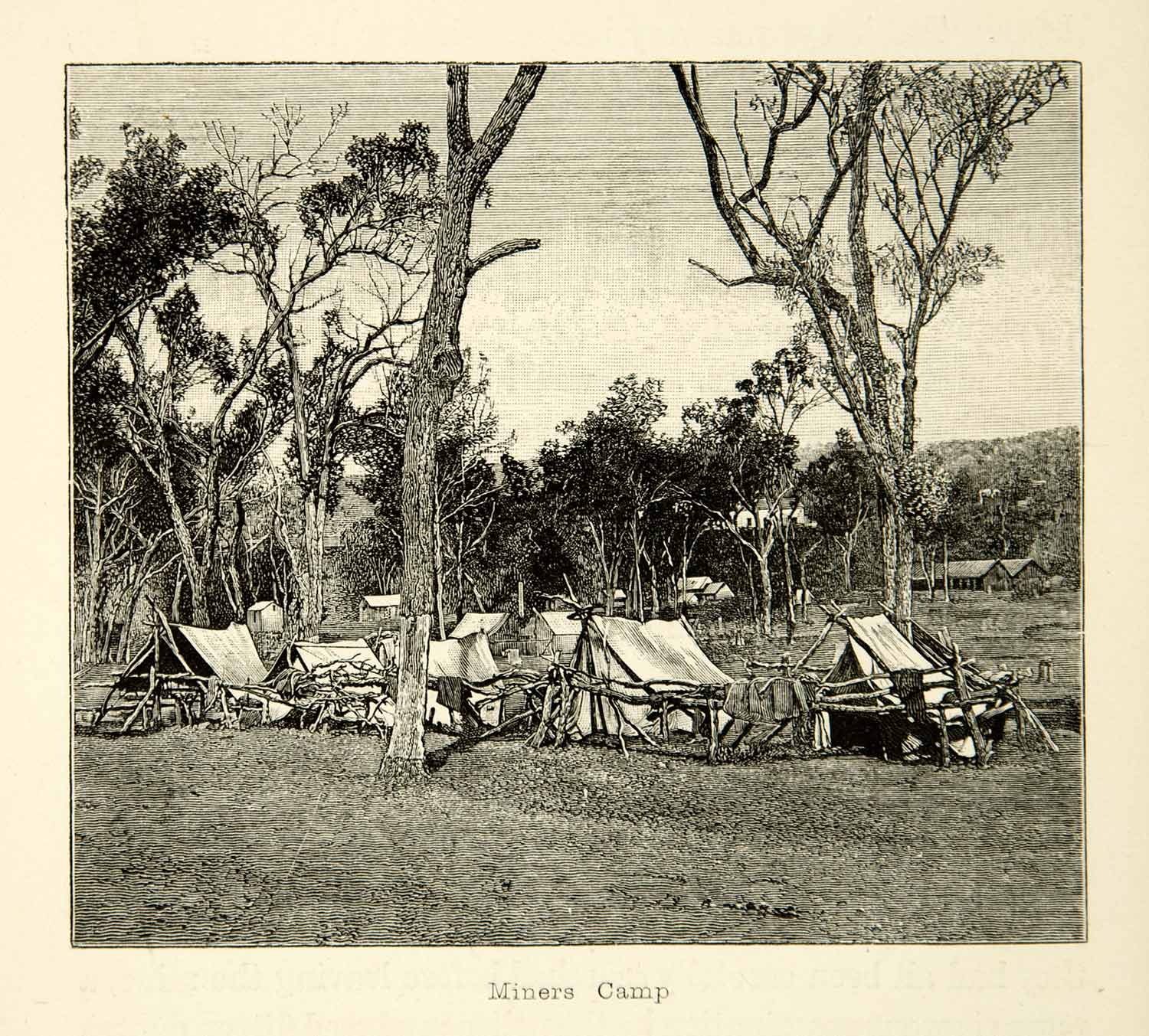 1887 Wood Engraving Art Mining Camp Tent Bivouac Outdoors Wooden Fence XGXC6