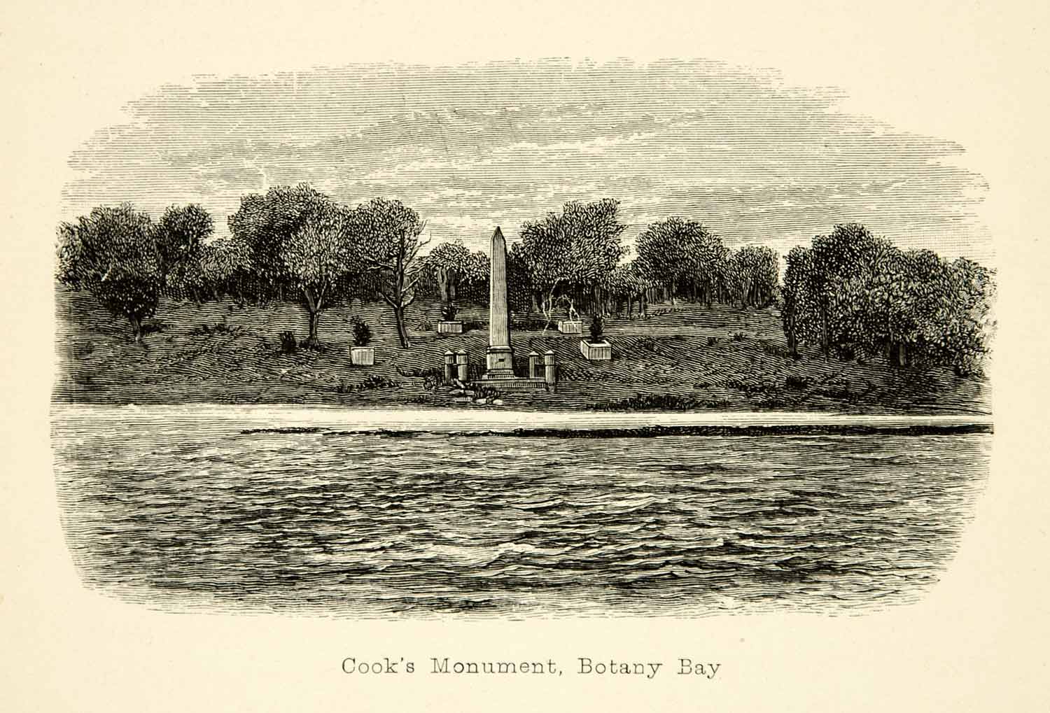 1887 Wood Engraving Art Capt James Cook Obelisk Monument Botany Bay XGXC6