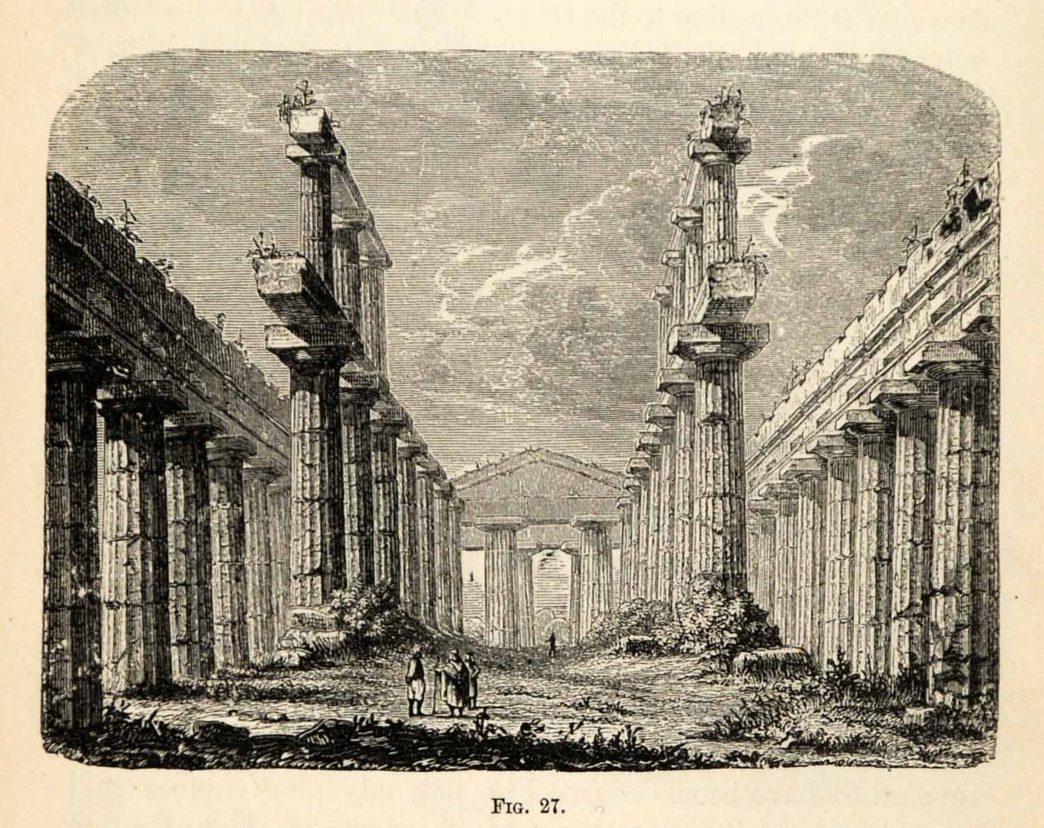 1876 Woodcut Interior Temple Poseidon Paestum Campania Italy Ruins Columns XGY7