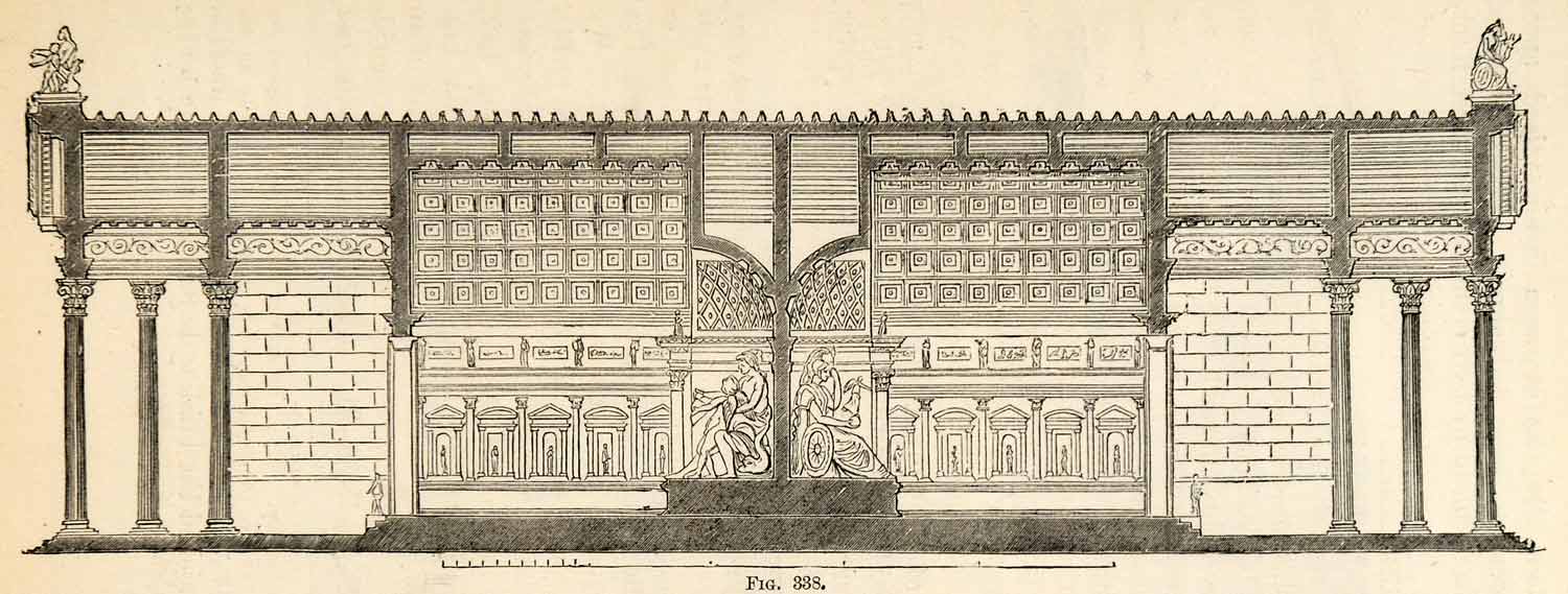 1876 Wood Engraving Section Roman Temple Venus Roma Rome Italy Architecture XGY7
