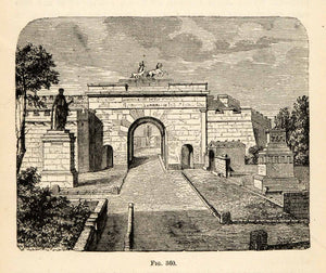 1876 Wood Engraving Herculaneum Gate Pompeii Italy Roman Arch Architecture XGY7