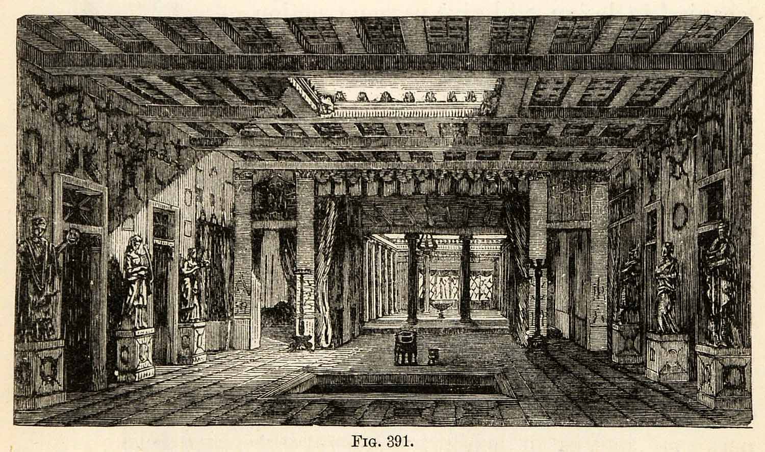 1876 Wood Engraving Interior House Pansa Pompeii Italy Roman Architecture XGY7