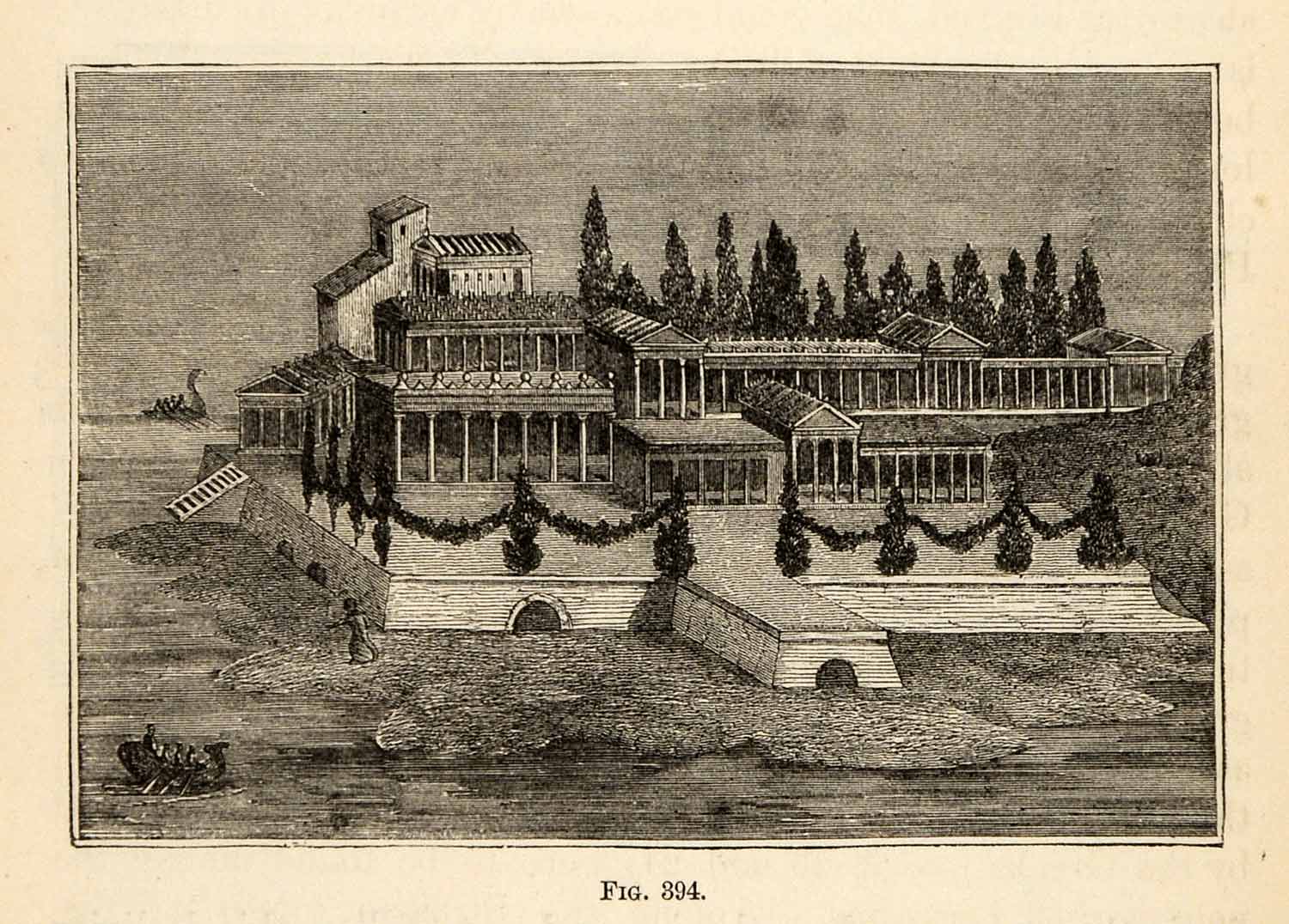 1876 Wood Engraving Roman Villa Pompeii Architecture Palace Sea Columns XGY7