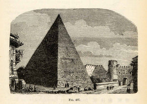 1876 Wood Engraving Roman Pyramid Cestius Rome Italy Porta Paolo XGY7