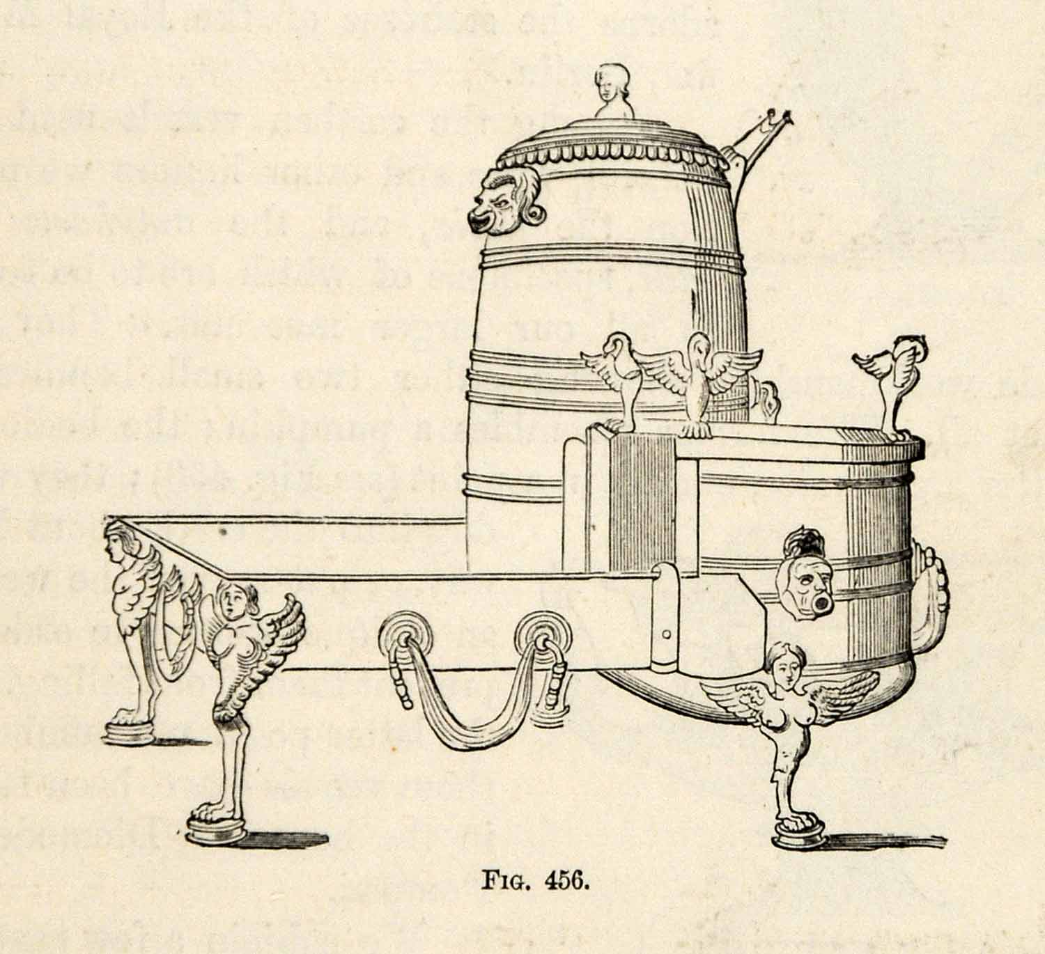 1876 Wood Engraving Roman Cooking Apparatus Sculpture Birds Urn Art XGY7