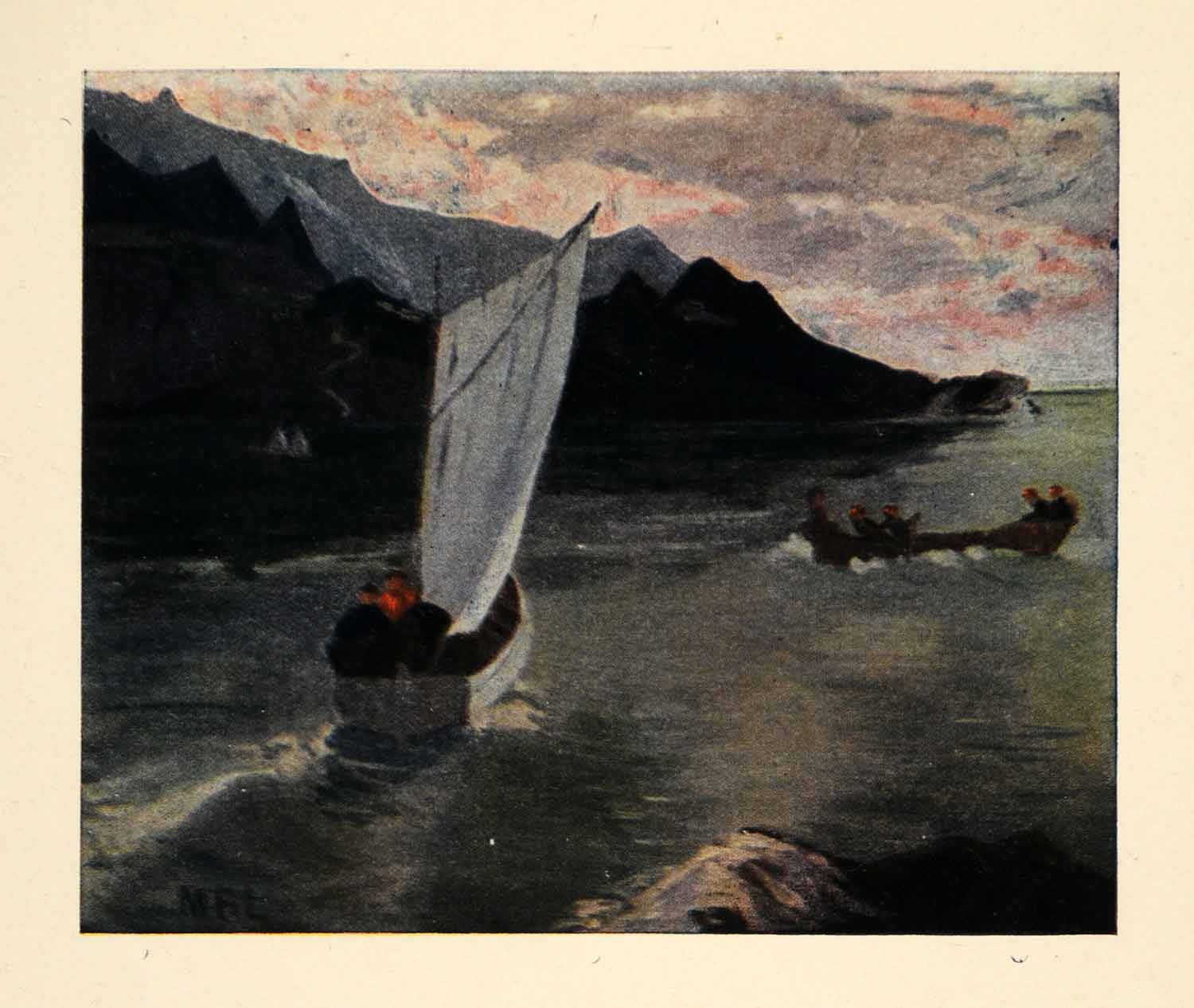 1922 Print Miners Sailboat Adventfjord Isfjorden Spitsbergen Norway Barents XGY9