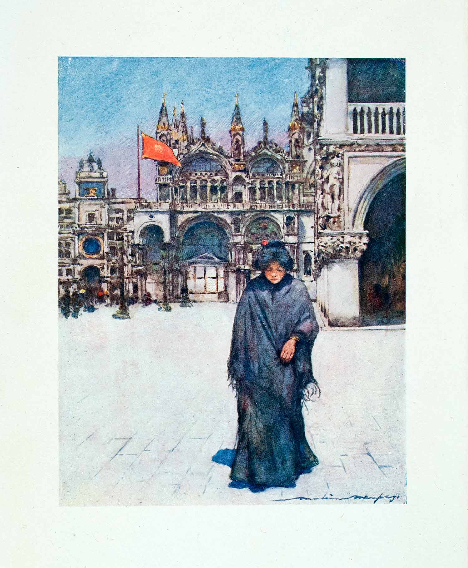 1912 Color Print Piazza Woman Venice Italy Architecture Historic Mortimer XGYA1
