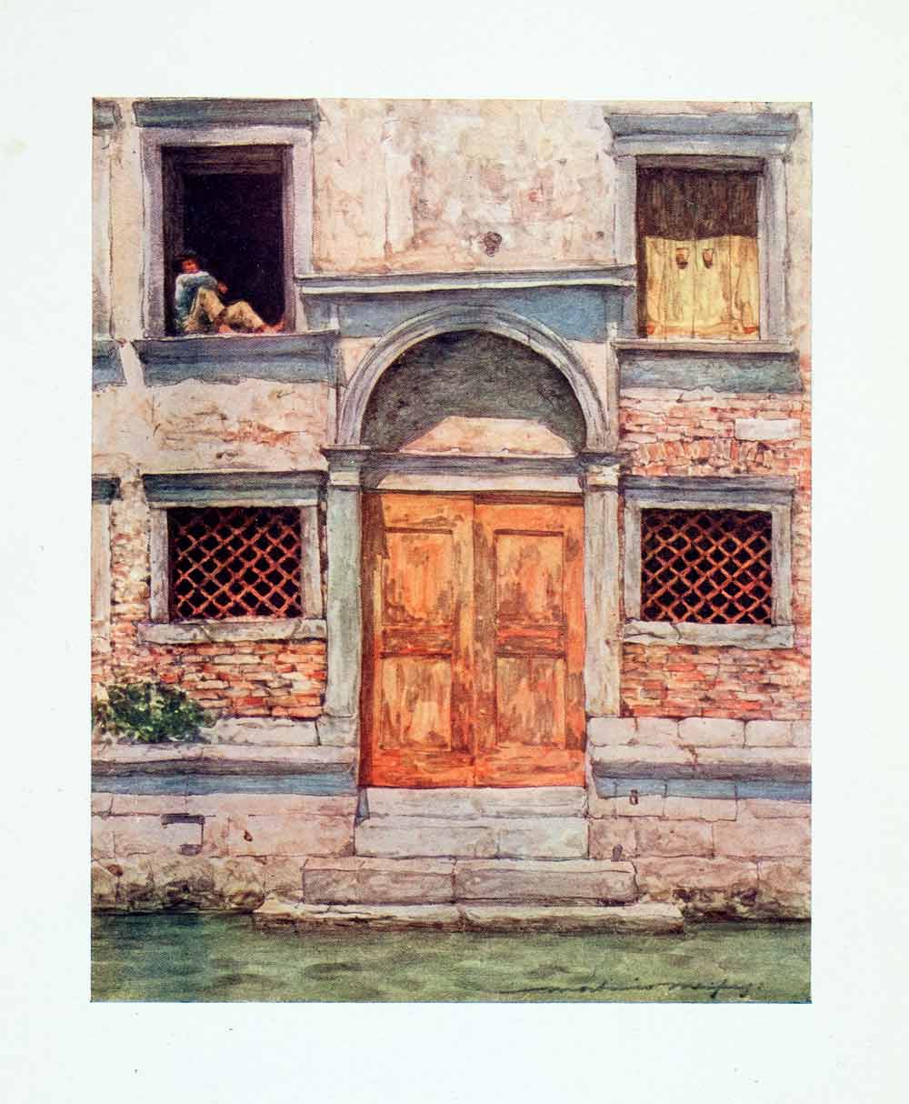 1912 Color Print Building Home Orange Door Canal Venice Italy Mortimer XGYA1