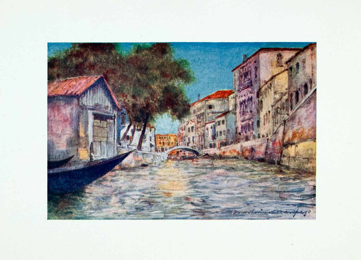 1912 Color Print Squero Boat Building Yard Bridge Venice Italy Mortimer XGYA1