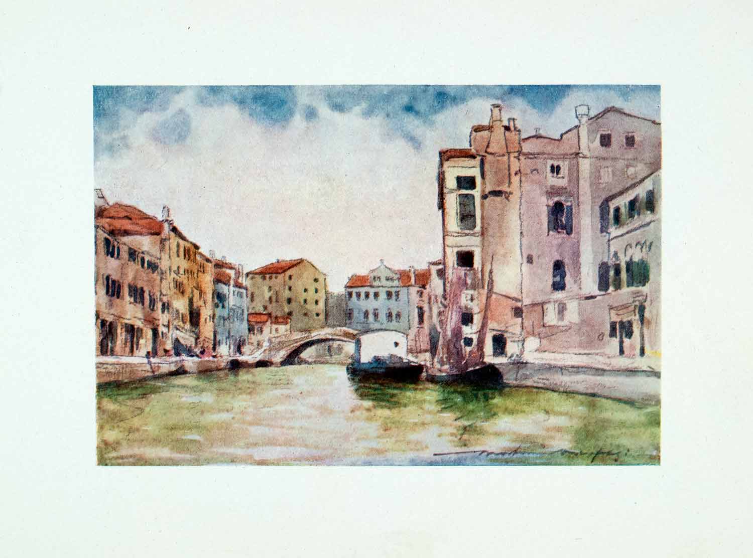 1912 Color Print Murano Italy Cityscape Bridge Boat Canal Famous Morti ...