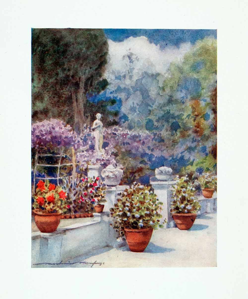 1912 Color Print Mrs. Edens Garden Flower Statue Venice Italy Mortimer XGYA1