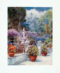 1912 Color Print Mrs. Edens Garden Flower Statue Venice Italy Mortimer XGYA1