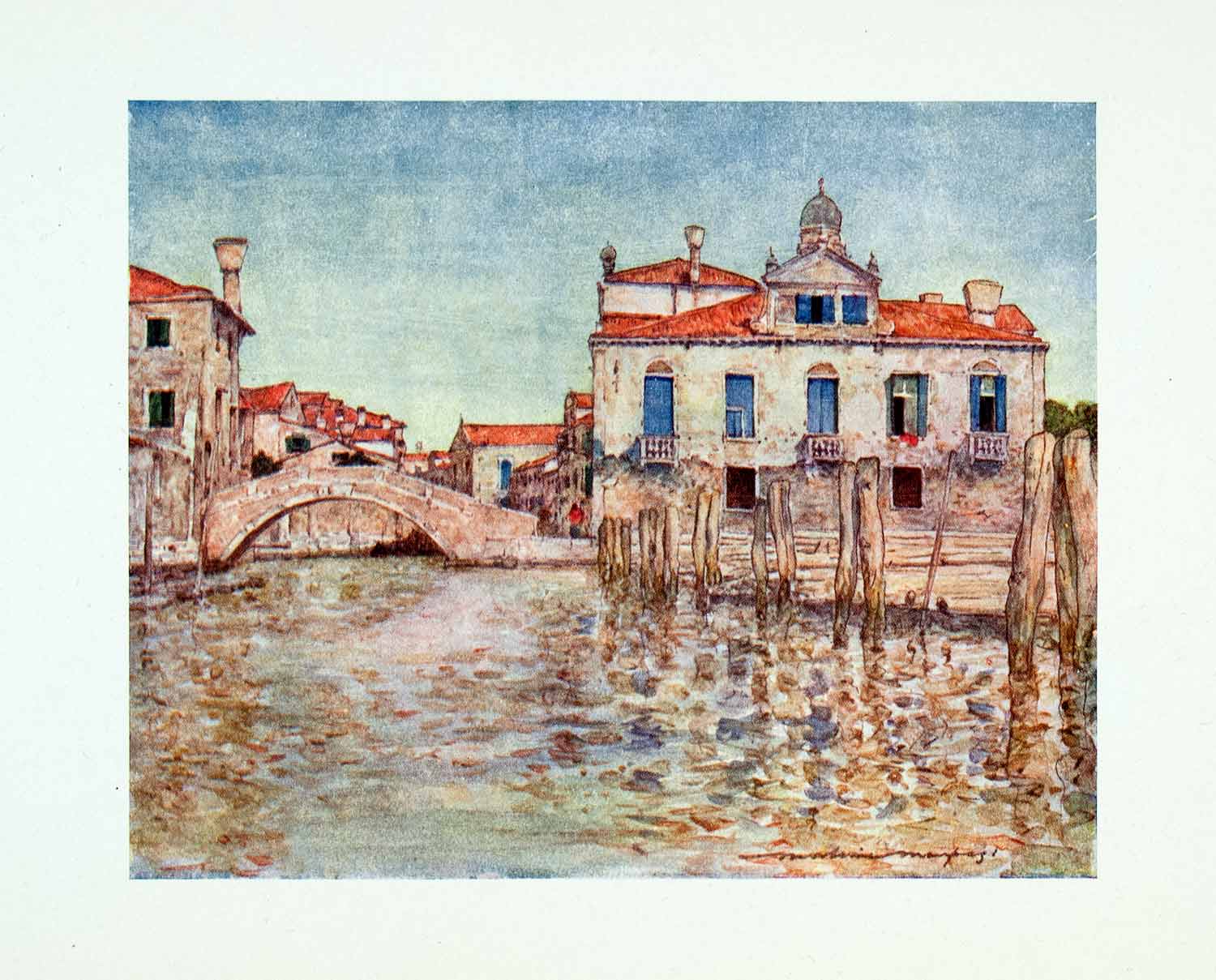 1912 Color Print Bridge Squero Boat Building Yard Venice Italy Mortimer XGYA1