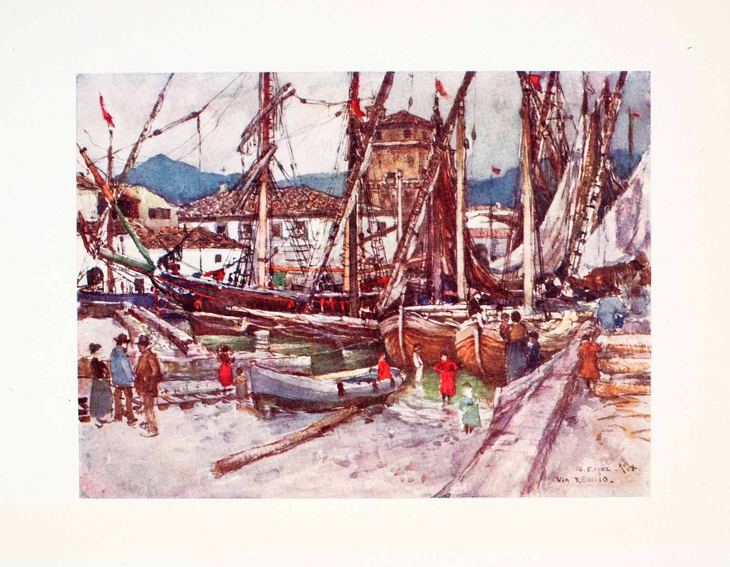 1905 Color Print Viareggio Tuscany Italy Goff Shipbuilding Shipyard Port XGYA2