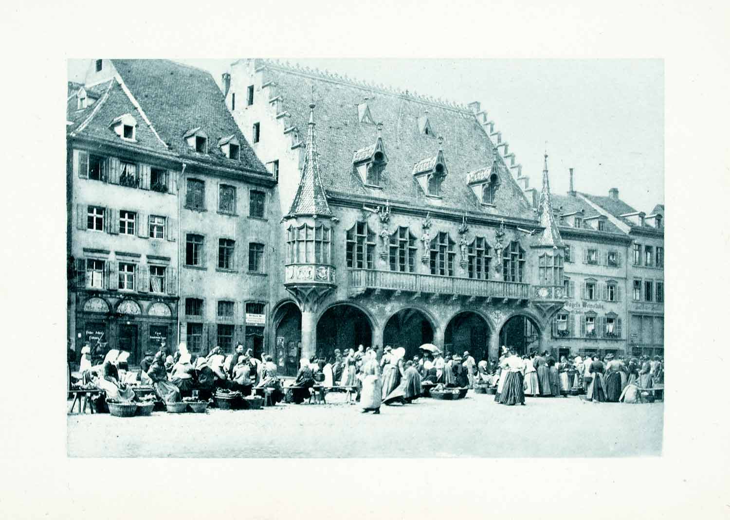 1899 Photogravure Freiburg Germany Marketplace Bazaar Streetscape Historic XGYA5