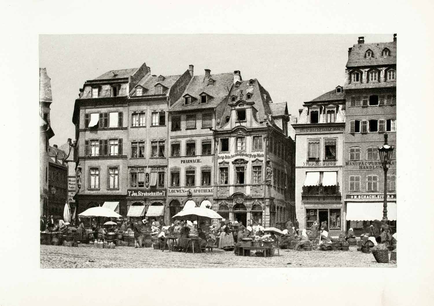1899 Photogravure Mayence Germany Marketplace Bazaar Streetscape Historic XGYA5
