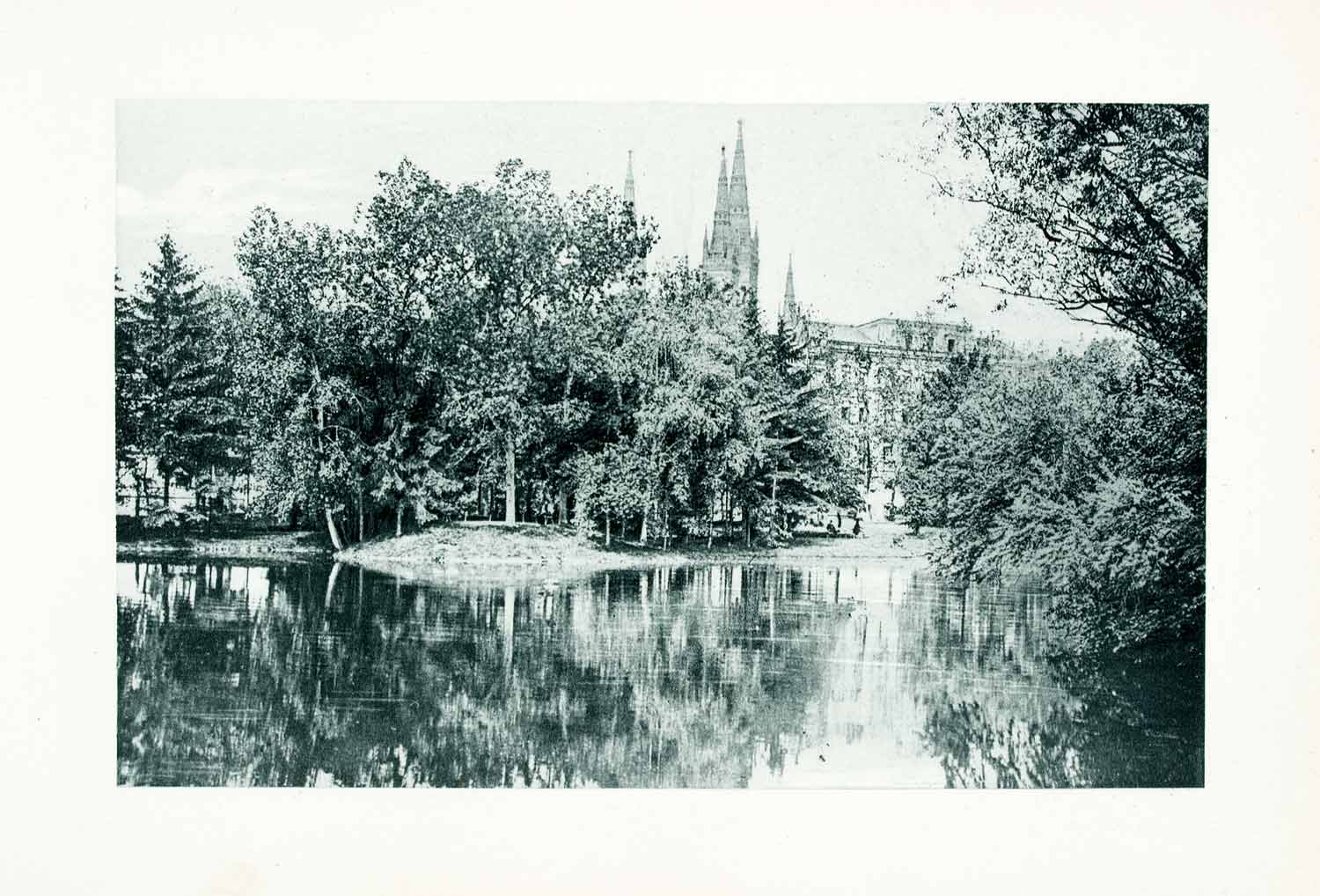 1899 Photogravure Wiesbaden German Kurhaus Gardens Landscape Cathedral XGYA5