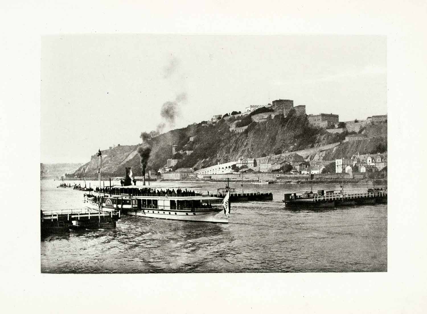 1899 Photogravure Koblenz Ehrenbreitstein Fortress Boat Bridge Germany XGYA5