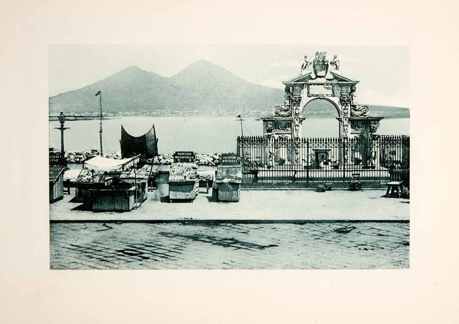 1901 Photogravure Fountain Strada Santa Lucia Naples Italy Mountains XGYA6