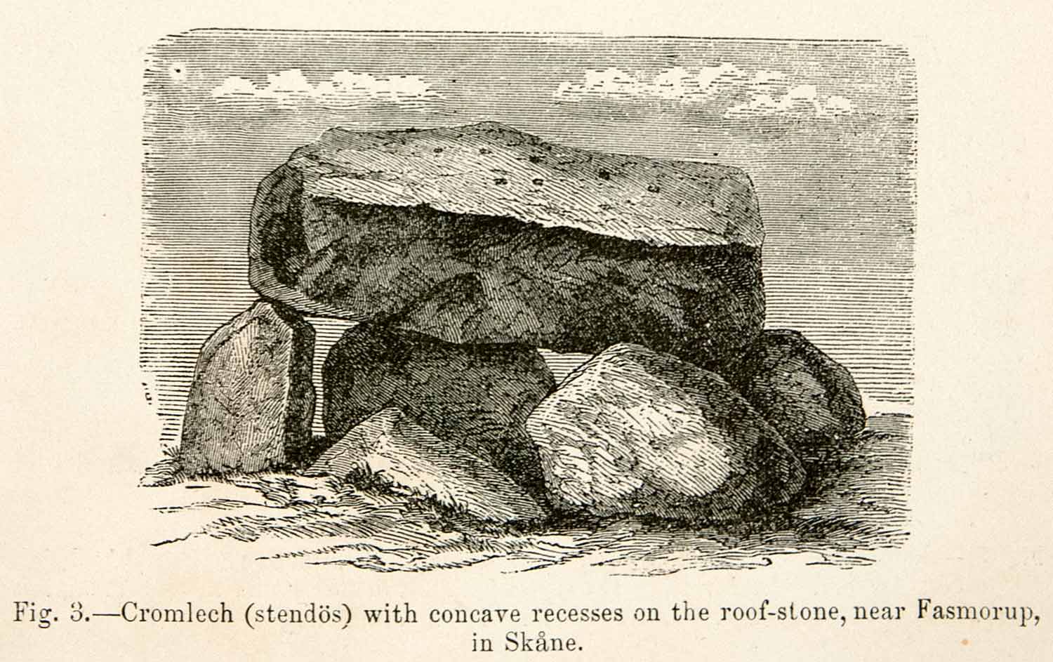 1889 Wood Engraving Cromlech Stendos Concave Recesses Roof-Stone Fasmorup XGYA7