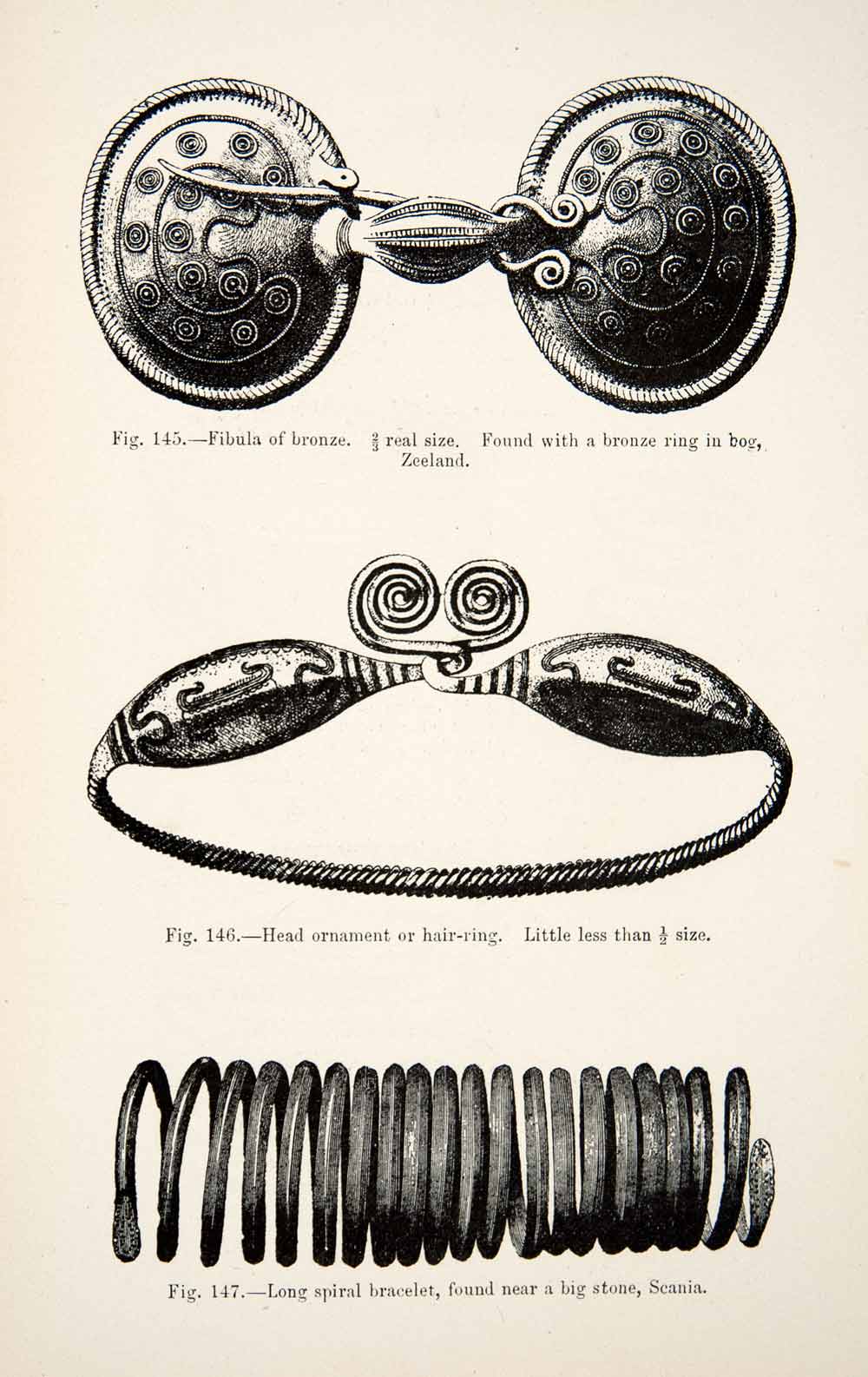 1889 Wood Engraving Fibula Head Ornament Bracelet Bronze Bog Hair Ring XGYA7