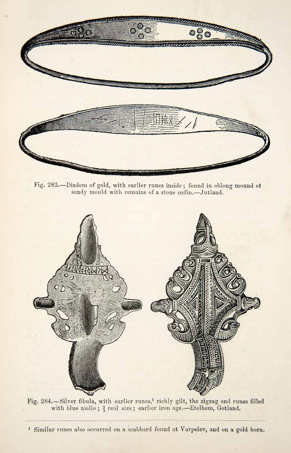1889 Wood Engraving Gold Diadem Runes Silver Fibula Gilt Niello Jutland XGYA7