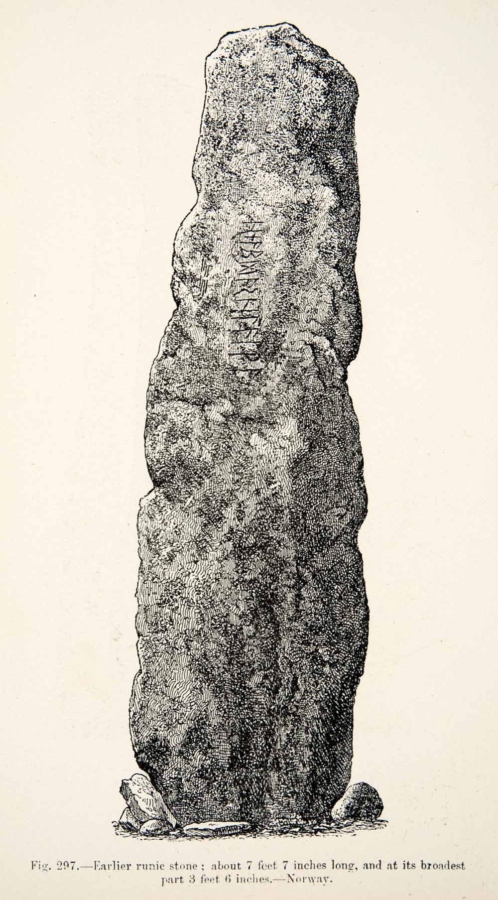 1889 Wood Engraving Runic Stone Norway Viking Age Archeological Historical XGYA7