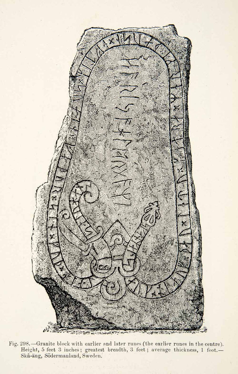 1889 Wood Engraving Granite Block Runes Viking Age Skaang Sodermanland ...