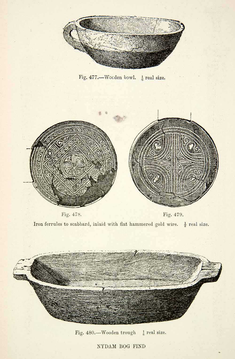 1889 Wood Engraving Wooden Bowl Trough Iron Ferrules Scabbard Viking XGYA7