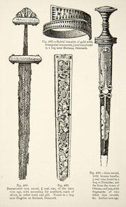 1889 Wood Engraving Spiral Bracelet Gold Sword Damascened Iron Mounting XGYA7