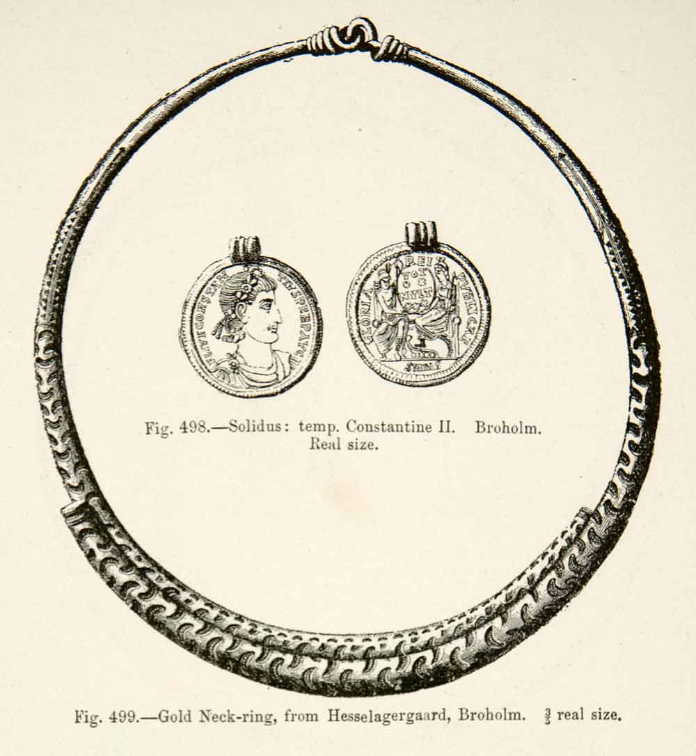 1889 Wood Engraving Gold Neck-Ring Solidus Coin Broholm Hesselagergaard XGYA7