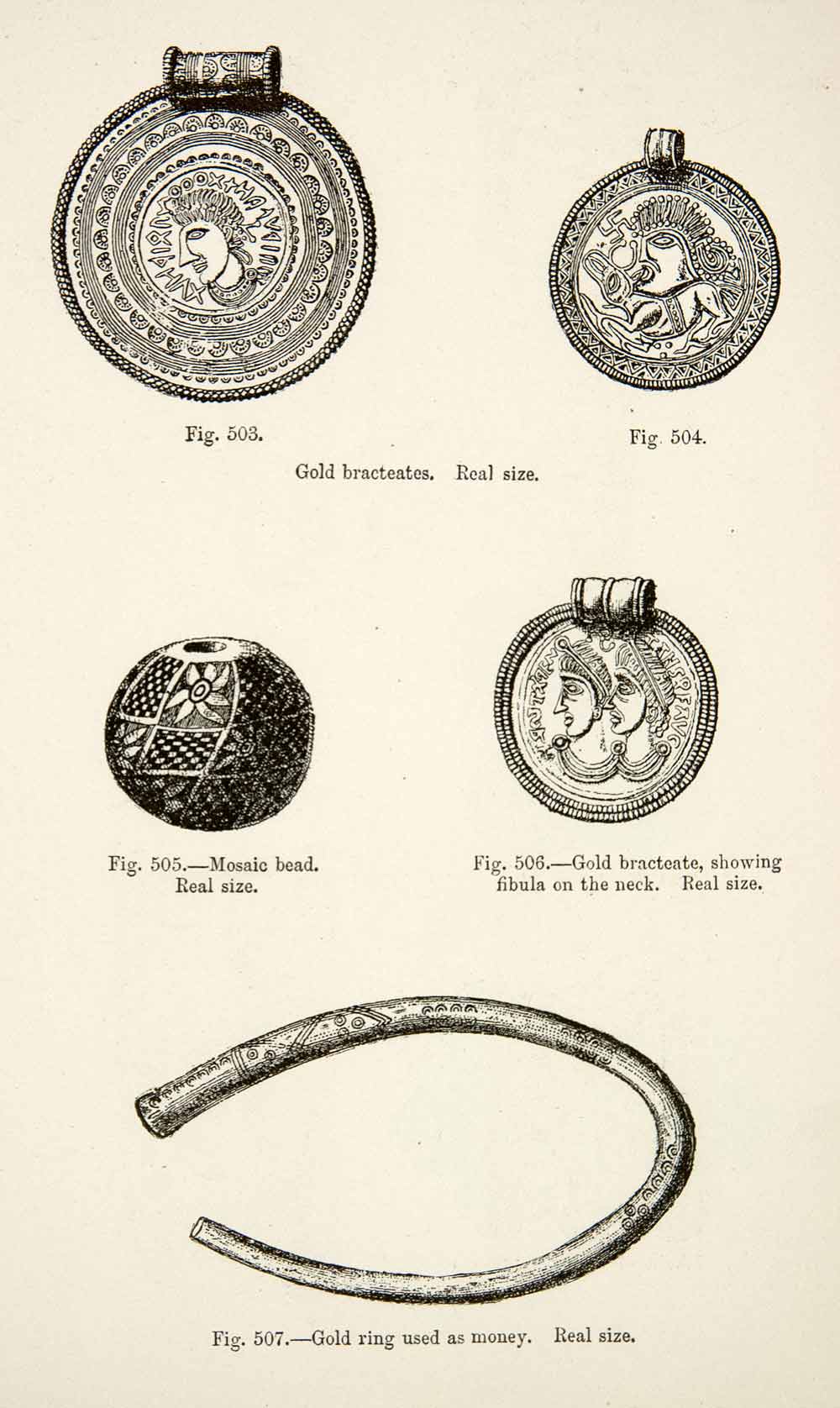 1889 Wood Engraving Gold Bracteate Mosaic Bead Ring Money Currency XGYA7
