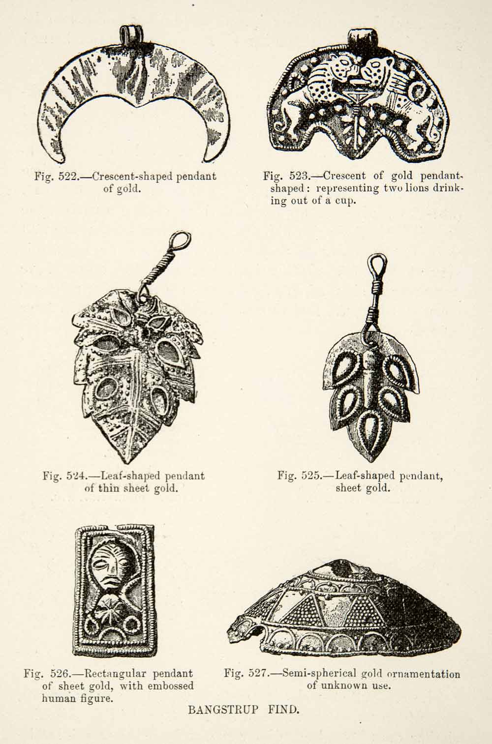 1889 Wood Engraving Pendant Gold Lions Leaf-shaped Sheet Rectangular XGYA7