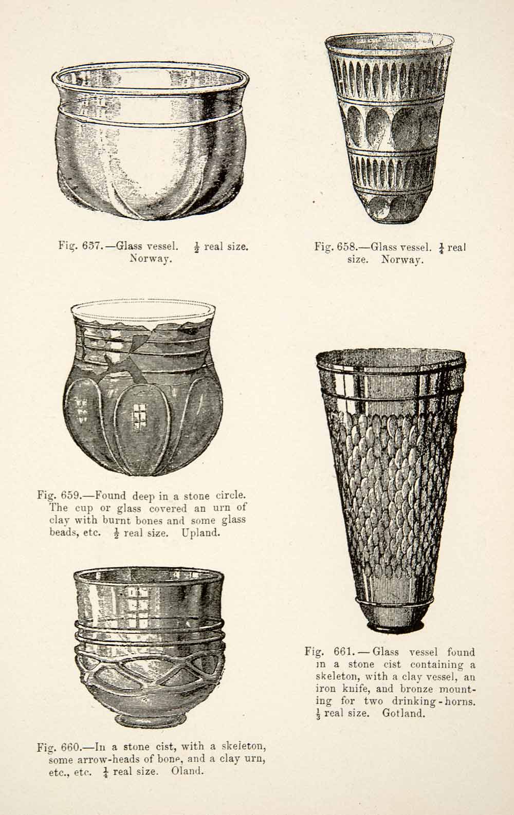 1889 Wood Engraving Glass Vessel Clay Urn Stone Cist Stone Circle Bones XGYA7