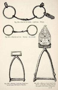 1889 Wood Engraving Iron Bit Horses Stirrup Mound Island Bjorko Inlaid XGYA7