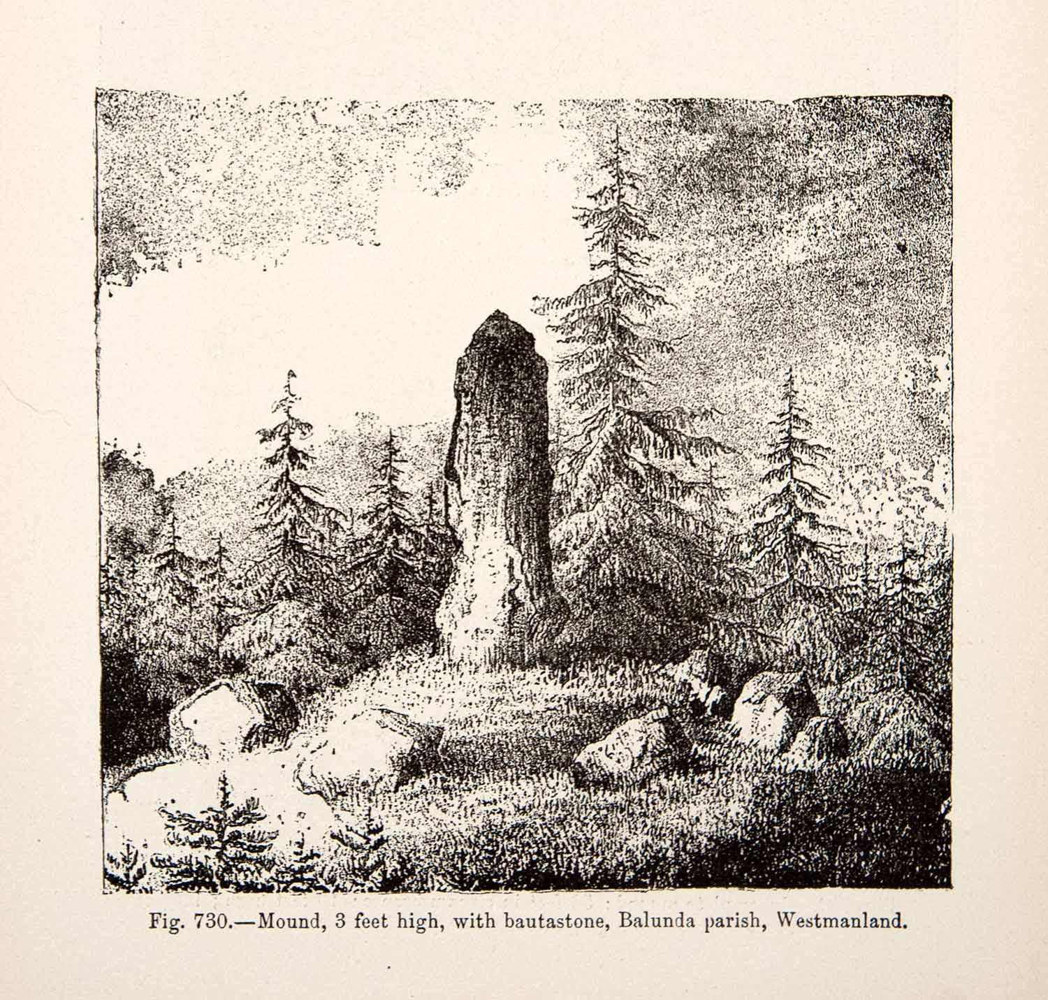 1889 Wood Engraving Mound Bautastone Balunda Parish Westmanland Viking Age XGYA7