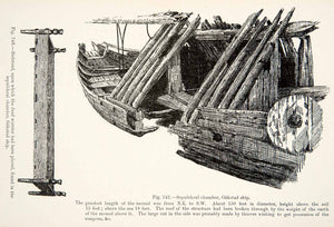 1889 Wood Engraving Sepulchral Chamber Gokstad Ship Warrior Religious XGYA7
