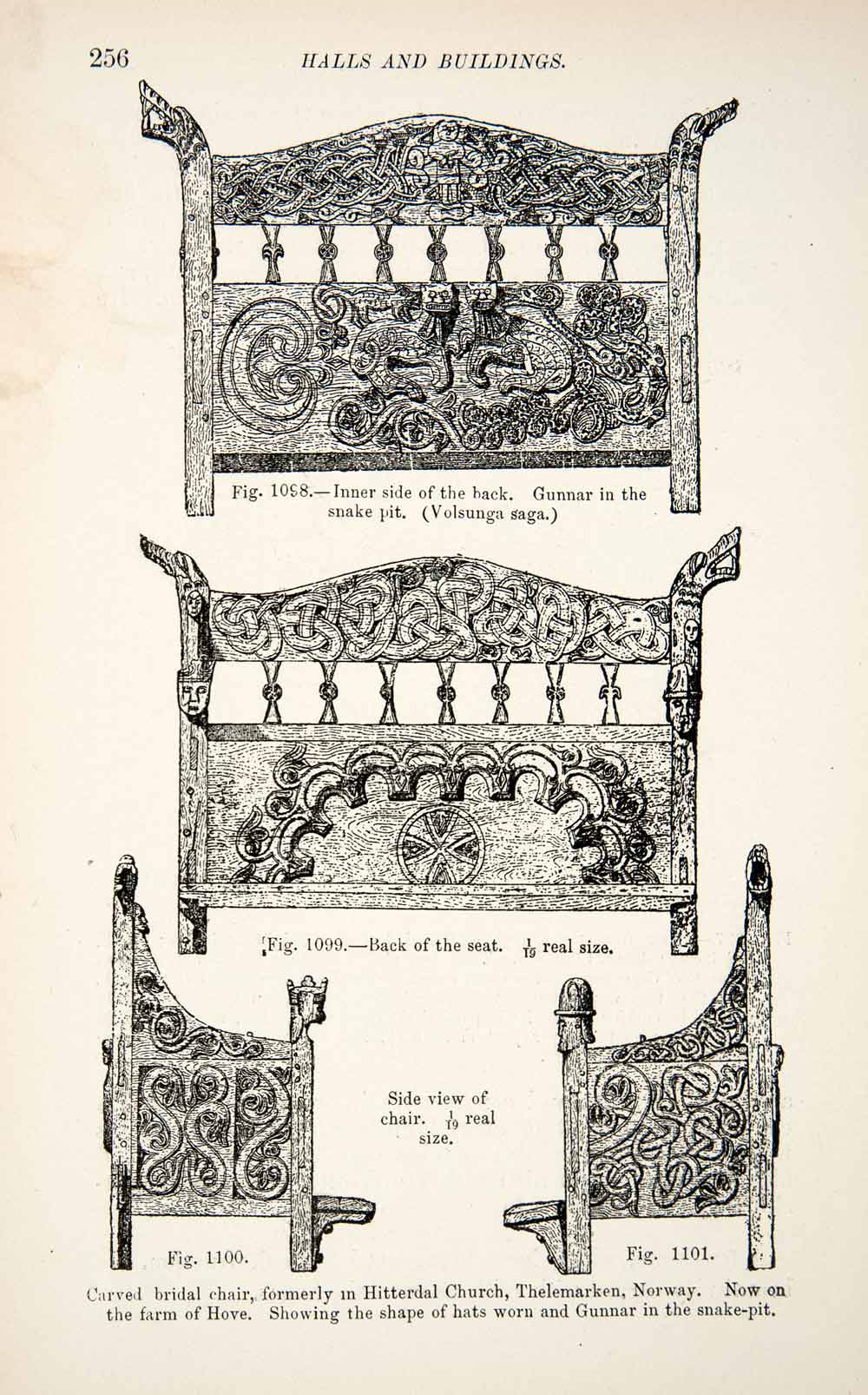 1889 Wood Engraving Bridal Chair Gunnar Snake-pit Hitterdal Church XGYA7