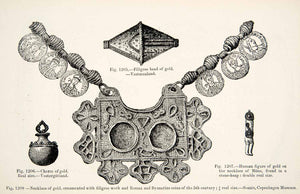 1889 Wood Engraving Necklace Gold Ornament Filigree Roman Byzantine Coins XGYA7