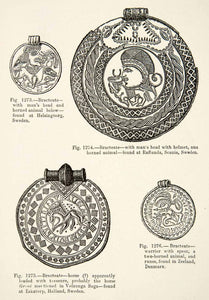 1889 Wood Engraving Bracteate Head Horse Helmet Warrior Spear Runes XGYA7
