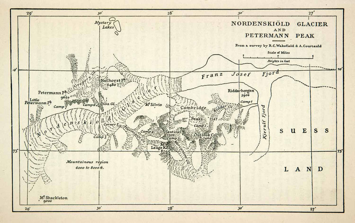 1934 Wood Engraving Map Nordenskiold Glacier Petermann Peak Wakefield ...