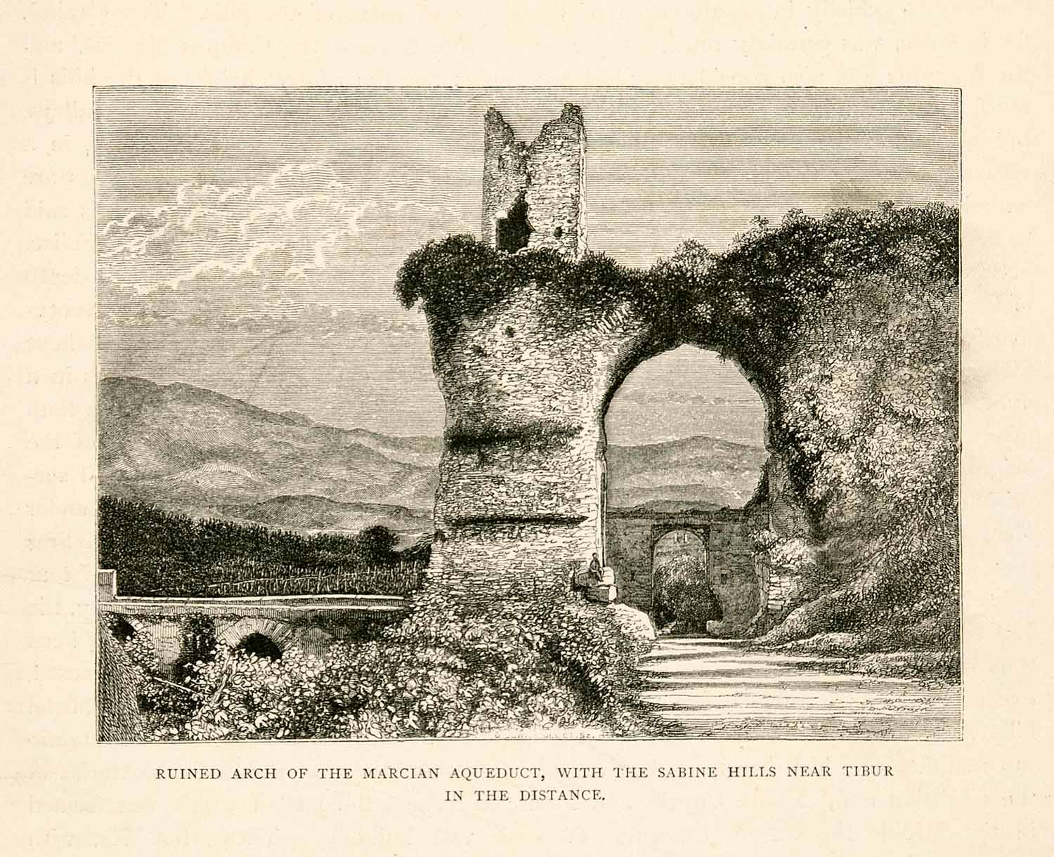 1876 Wood Engraving Marcian Marcia Aqua Aqueduct Sabine Hills Tibur Tivoli XGYA9