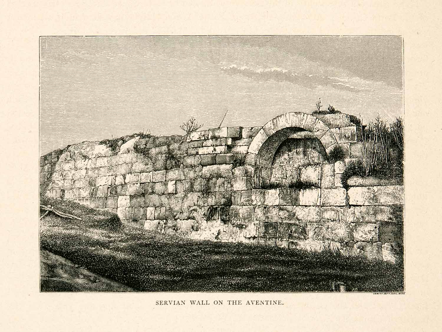1876 Wood Engraving Aventine Hill Servian Wall Fortification Roman XGYA9