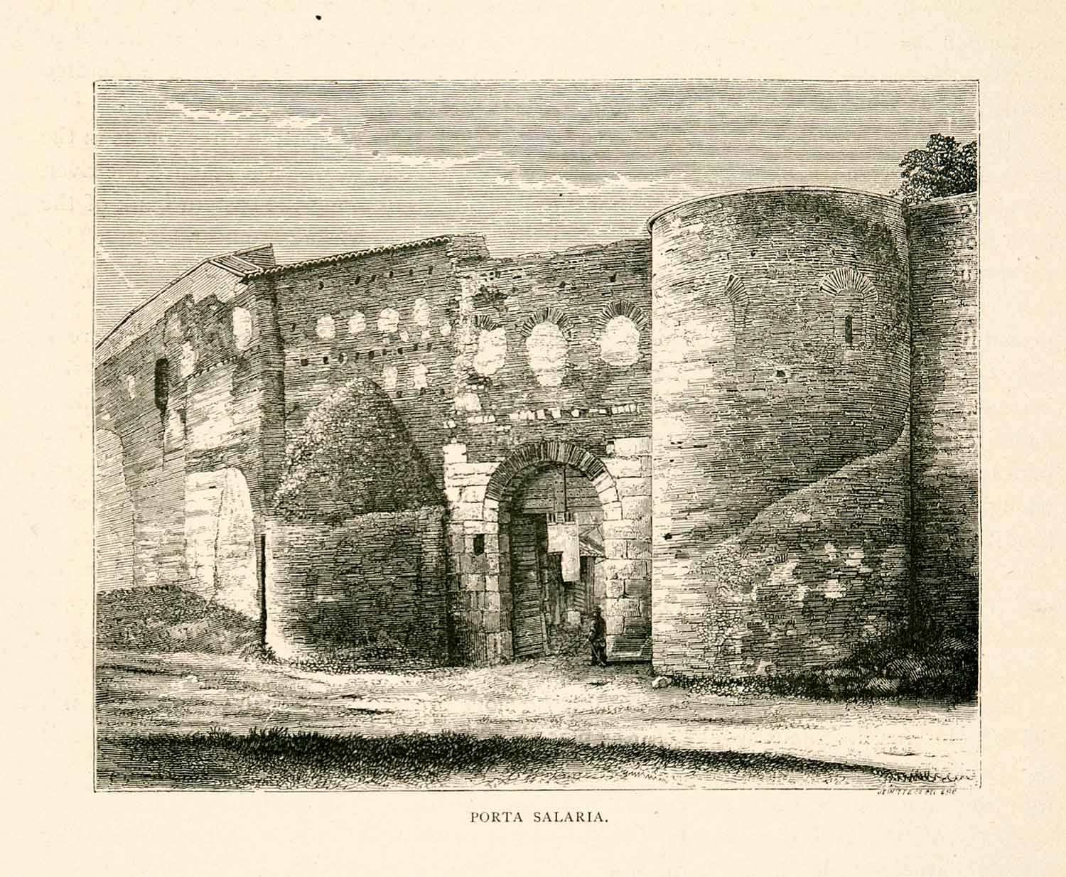 1876 Wood Engraving Porta Saleria Gate Aurelian Walls Roman Via Piazza XGYA9