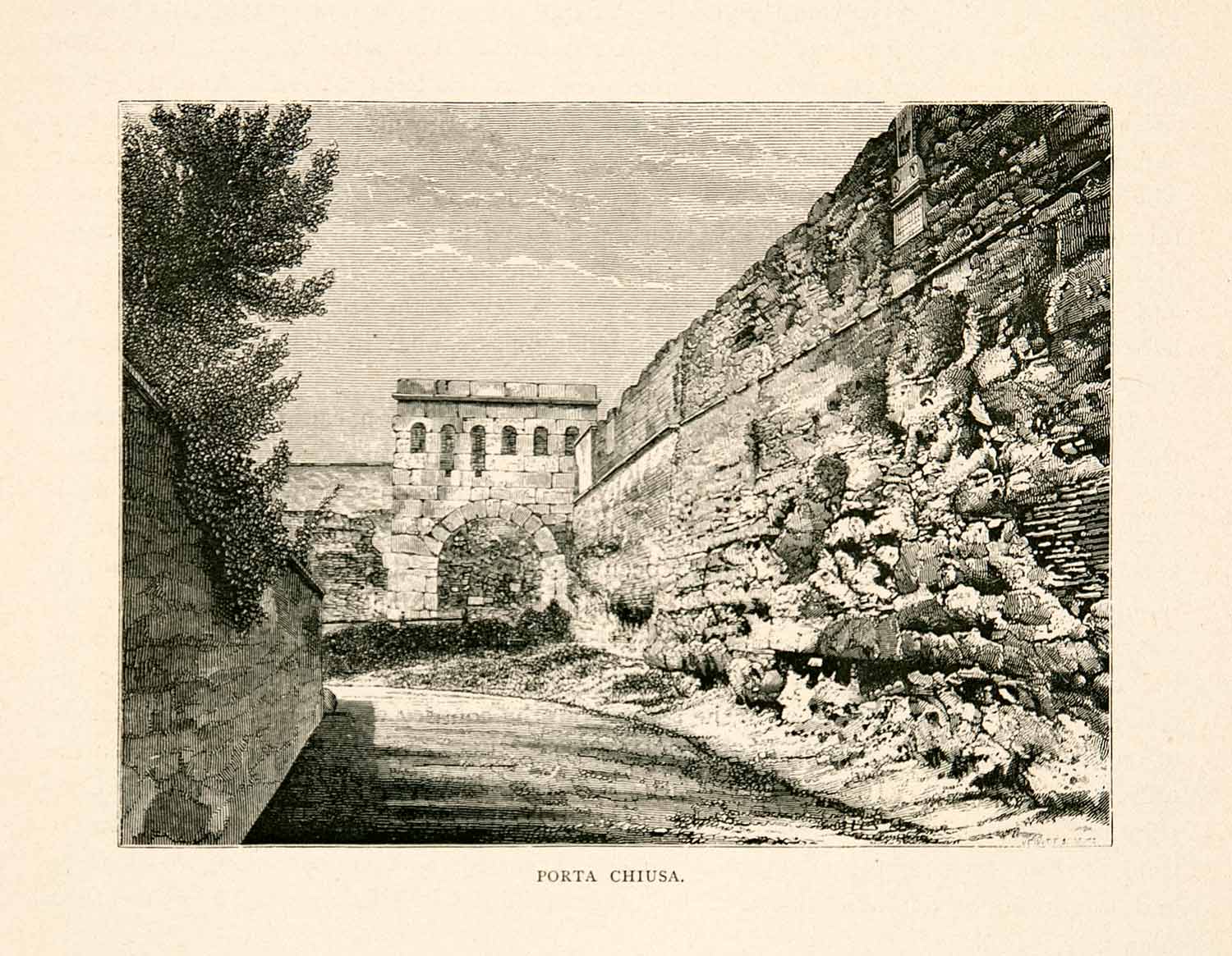 1876 Wood Engraving Porta Chiusa Aurelian Wall Rome Italy Castra XGYA9