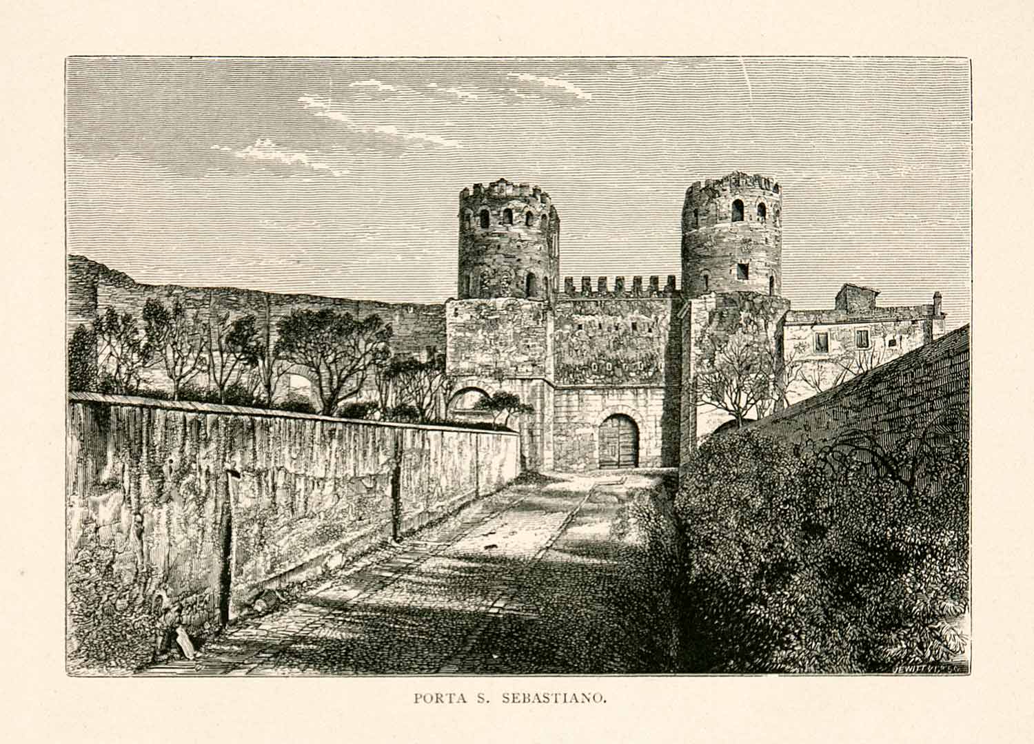1876 Wood Engraving Porta San Sebastiano Appian Way Appia Turrets Towers XGYA9