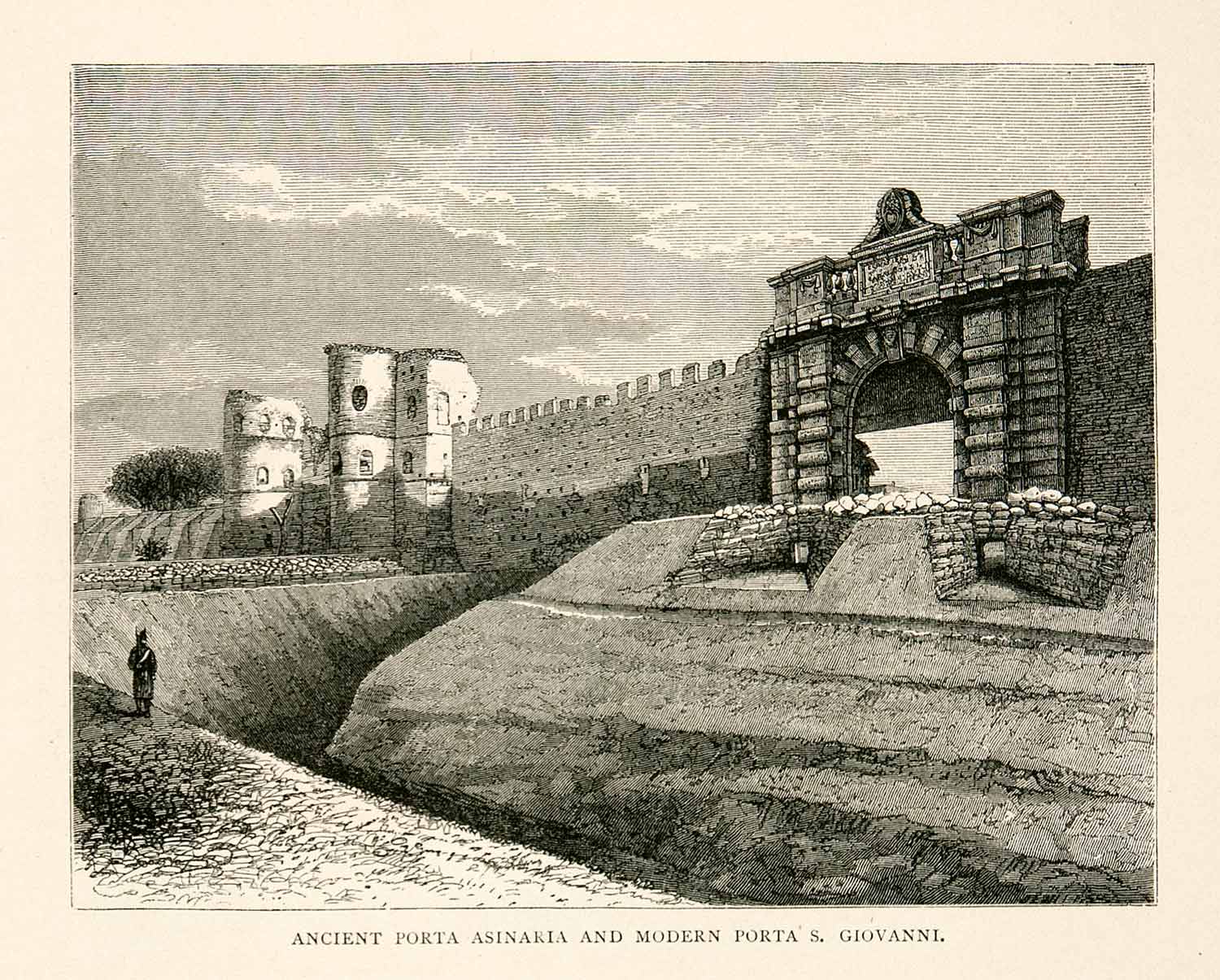 1876 Wood Engraving Aurellian Walls Rome Italy Porta San Giovanni Asinaria XGYA9