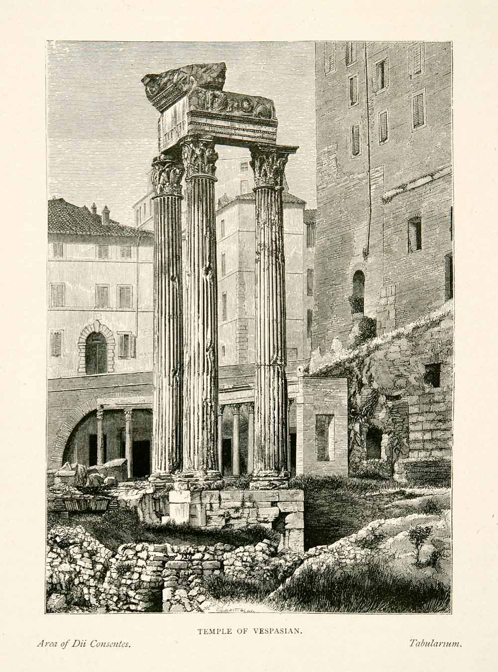 1876 Wood Engraving Forum Romanum Temple Vespasian Tabularium Area Dii XGYA9
