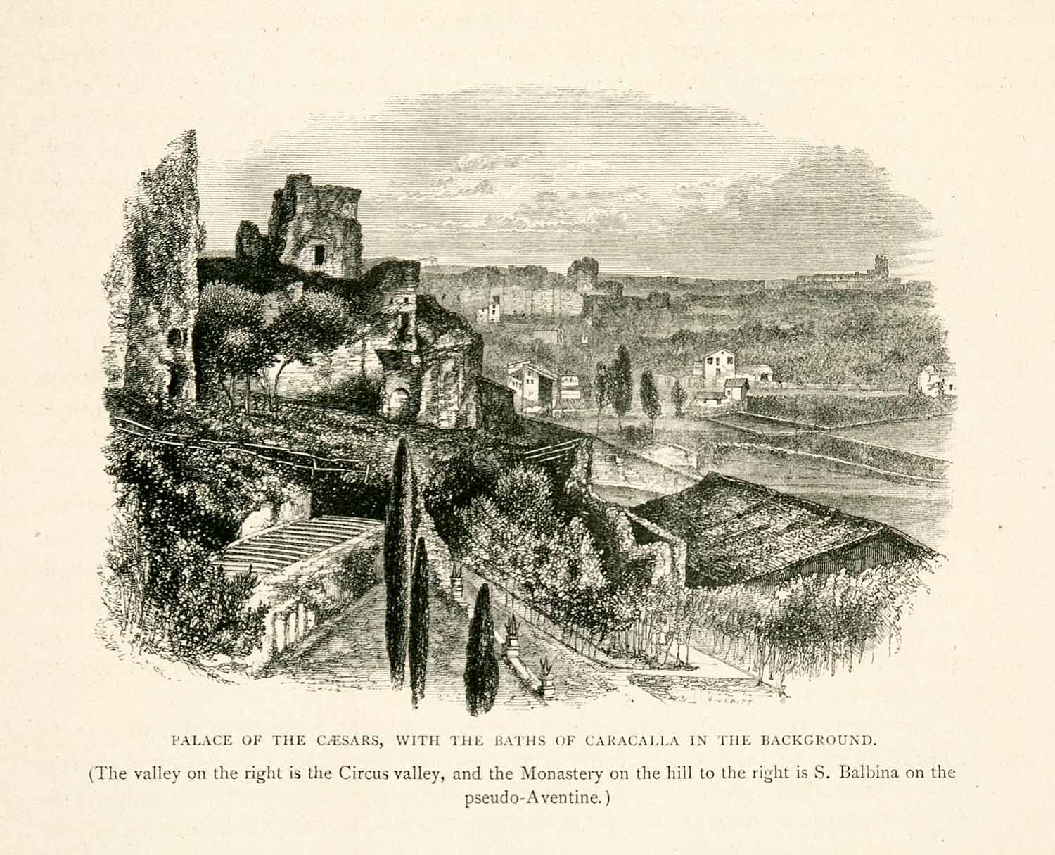 1876 Wood Engraving Roman Countryside Via Appia Baths Caracalla Circus XGYA9